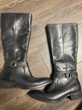 Born Black Leather Mid-Calf Heeled Boots